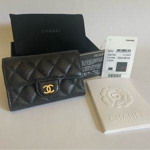 CHANEL Card Wallet Black Caviar Shiny Gold Hardware